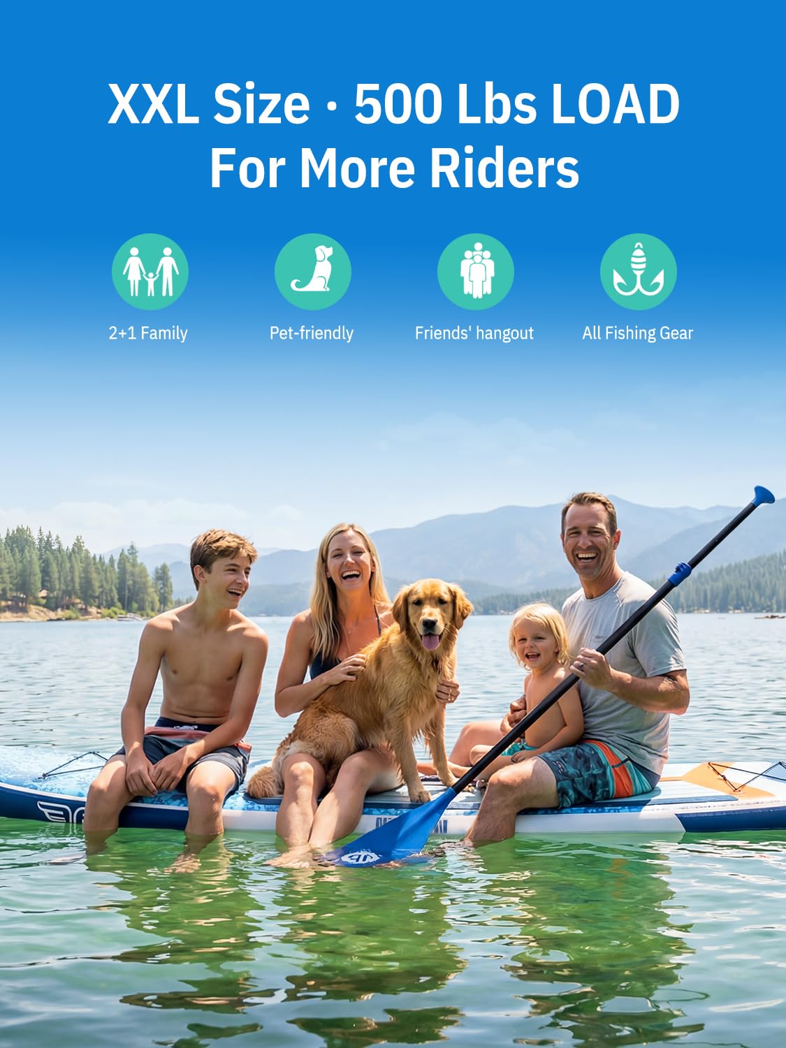 Niphean (Extra Large) Inflatable Paddle Board, SUP for 2+1 People/Family 500lbs Capacity Stand Up Paddle Board with SUP Accessories, StabilTrac Fin Non-Slip Paddleboard for Adults