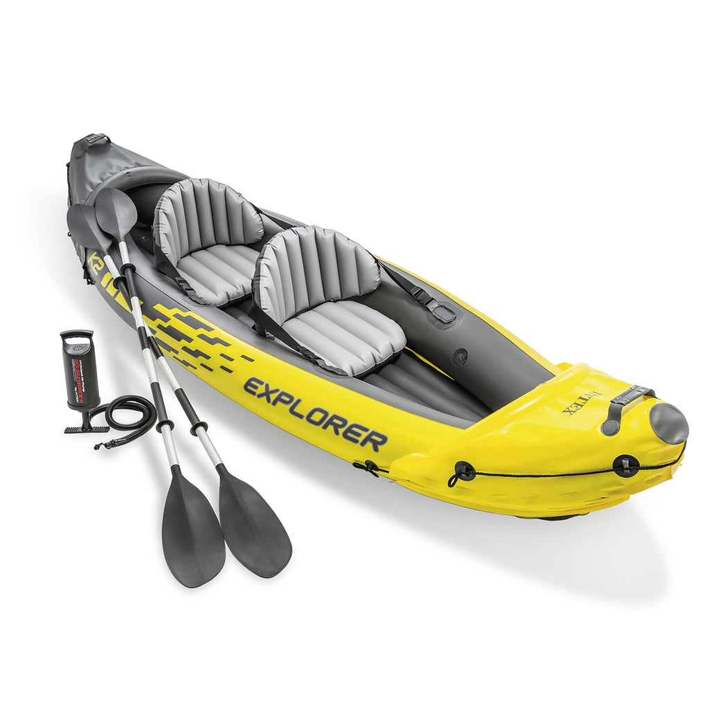 Intex 68307EP Explorer K2 Inflatable Kayak Set: Includes Deluxe 86in Aluminum Oars and High-Output Pump – SuperStrong PVC – Adjustable Seats with Backrest – 400lb Weight Capacity