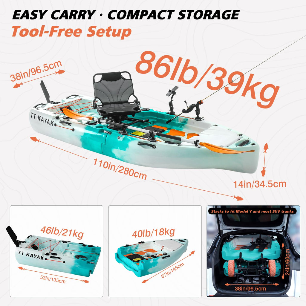 Modular Fishing Kayak with Cart & Paddle, 573 lbs Capacity, 110" Sit-on-Top Kayak, 360° Swivel Seat, 2-Piece Portable Design Fits SUV/Pickup/Van, for Ocean, Lake & River