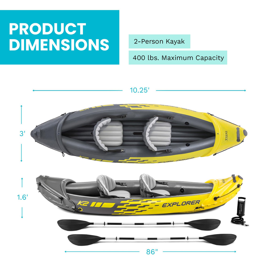 Intex 68307EP Explorer K2 Inflatable Kayak Set: Includes Deluxe 86in Aluminum Oars and High-Output Pump – SuperStrong PVC – Adjustable Seats with Backrest – 400lb Weight Capacity