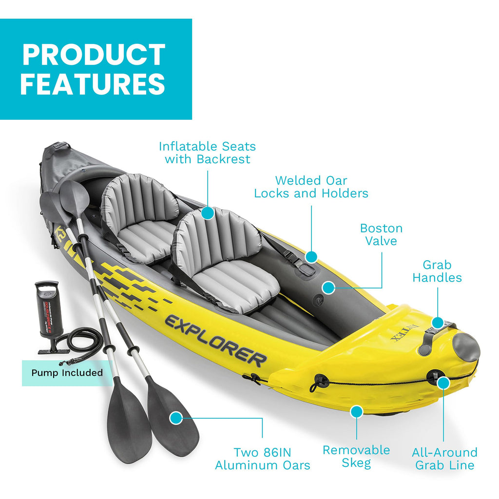 Intex 68307EP Explorer K2 Inflatable Kayak Set: Includes Deluxe 86in Aluminum Oars and High-Output Pump – SuperStrong PVC – Adjustable Seats with Backrest – 400lb Weight Capacity