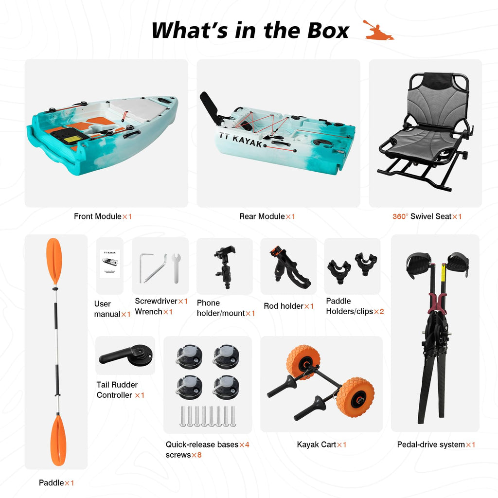 Modular Fishing Kayak with Cart & Paddle, 573 lbs Capacity, 110" Sit-on-Top Kayak, 360° Swivel Seat, 2-Piece Portable Design Fits SUV/Pickup/Van, for Ocean, Lake & River