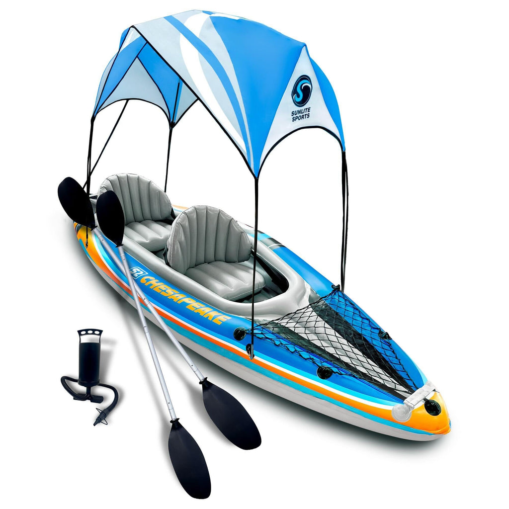 Sunlite Sports Inflatable Kayak 2 Person with Canopy, Portable Inflatable Boat with Shed & Aluminum Oars, Lightweight Tandem Kayak with Air Pump & Carry Bag for Lakes & Rivers, 400 LB