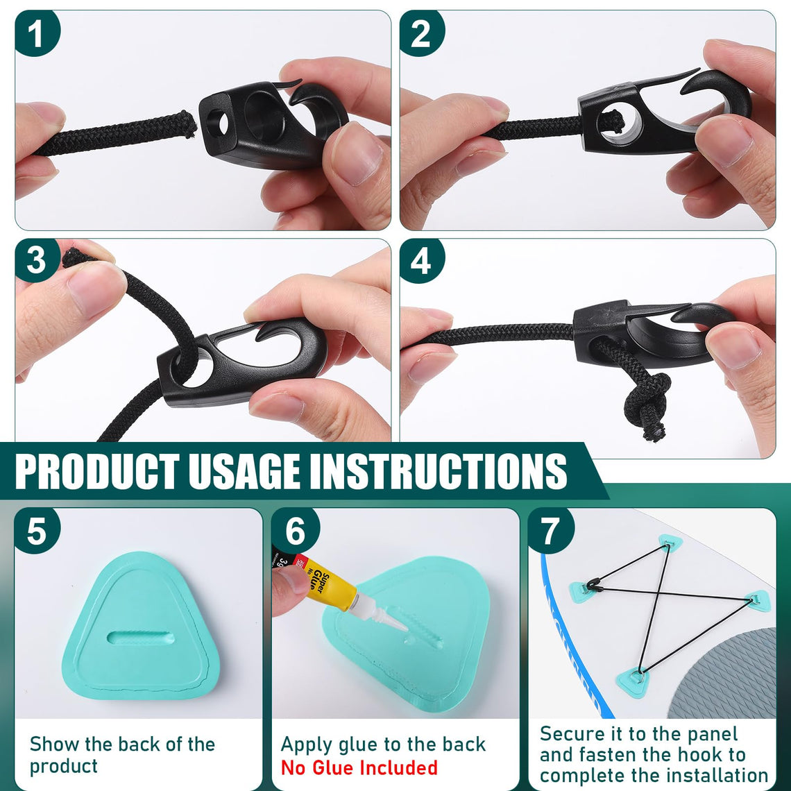 TOBWOLF 4-Piece Stainless Steel SUP D-Ring & Bungee Kit