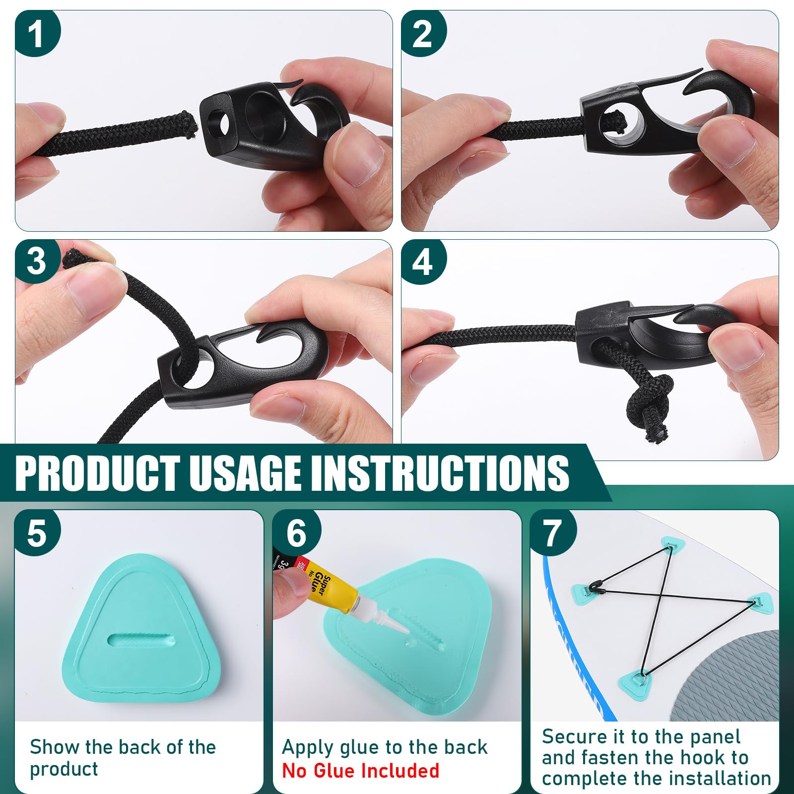 TOBWOLF 4-Piece Stainless Steel SUP D-Ring & Bungee Kit