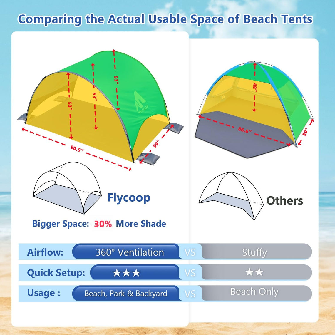 Flycoop UPF 50+ Ventilated Beach Canopy with Sandbags