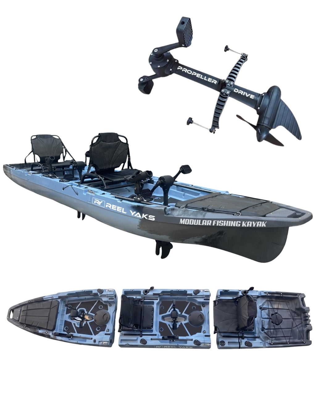 Reel Yaks Recon Tandem Modular Fishing Kayak - Propeller Drive, 14ft, 530 lbs Capacity, Blue Gray - Pedal Fishing Kayaks for Adults & Youth, Sit on Top, Compact Storage, Lightweight, Easy Transport