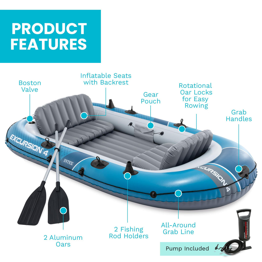 INTEX Excursion 4 Inflatable Boat Set: Includes Deluxe 54in Boat Oars and High-Output Pump Capacity