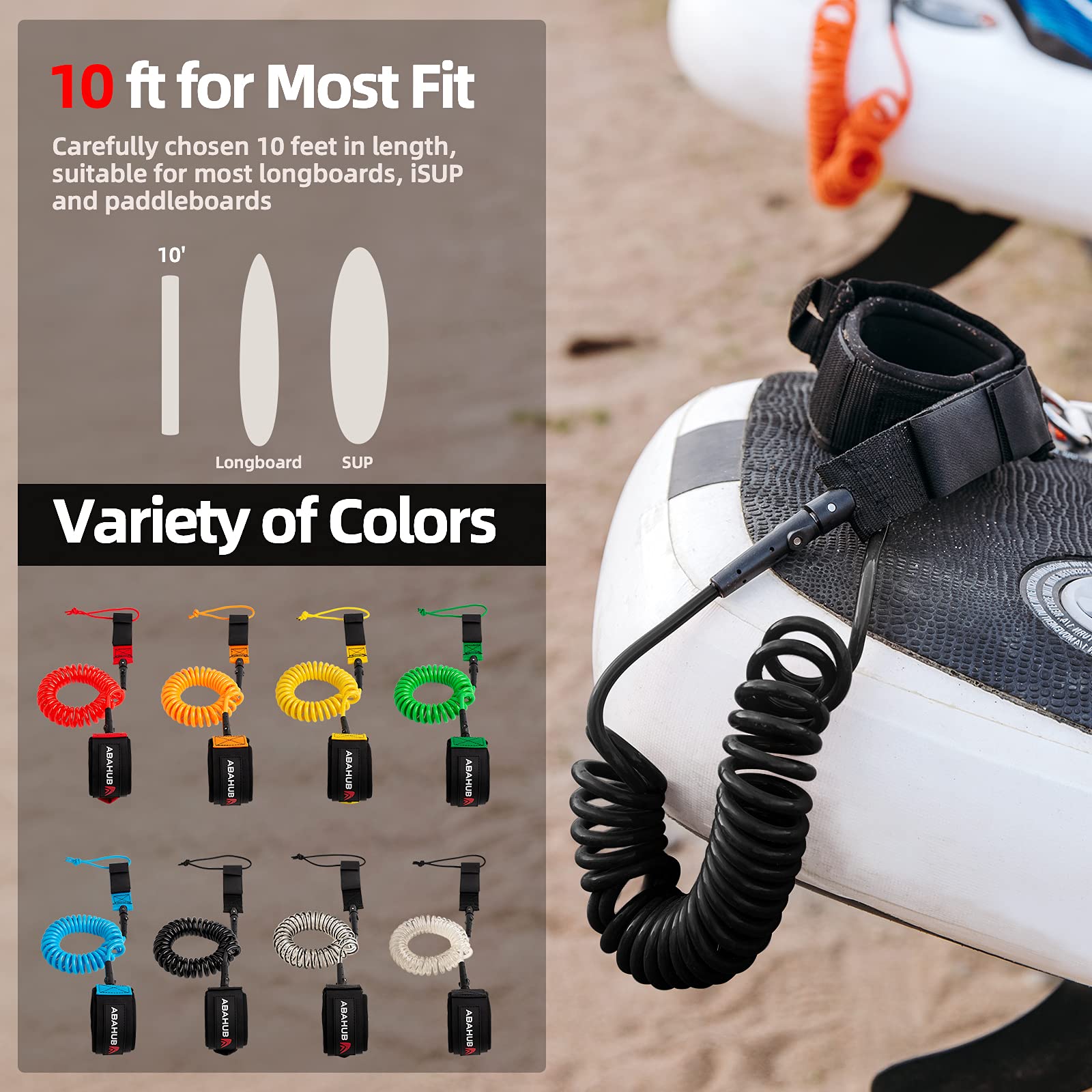 Abahub 10FT Coiled SUP Leash with 5/7MM Leg Strap