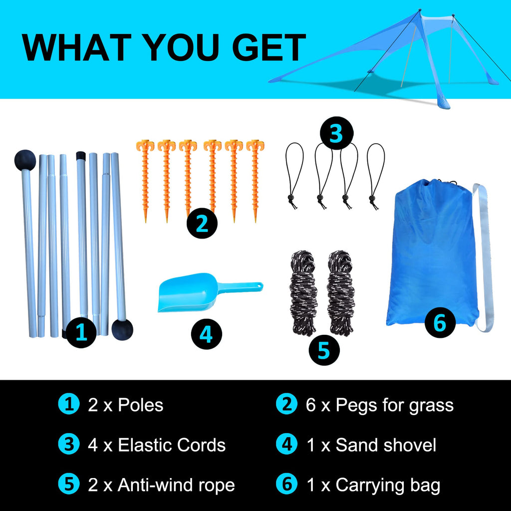 UPF 50+ Beach Canopy Tent with Sandbags & Wind Ropes