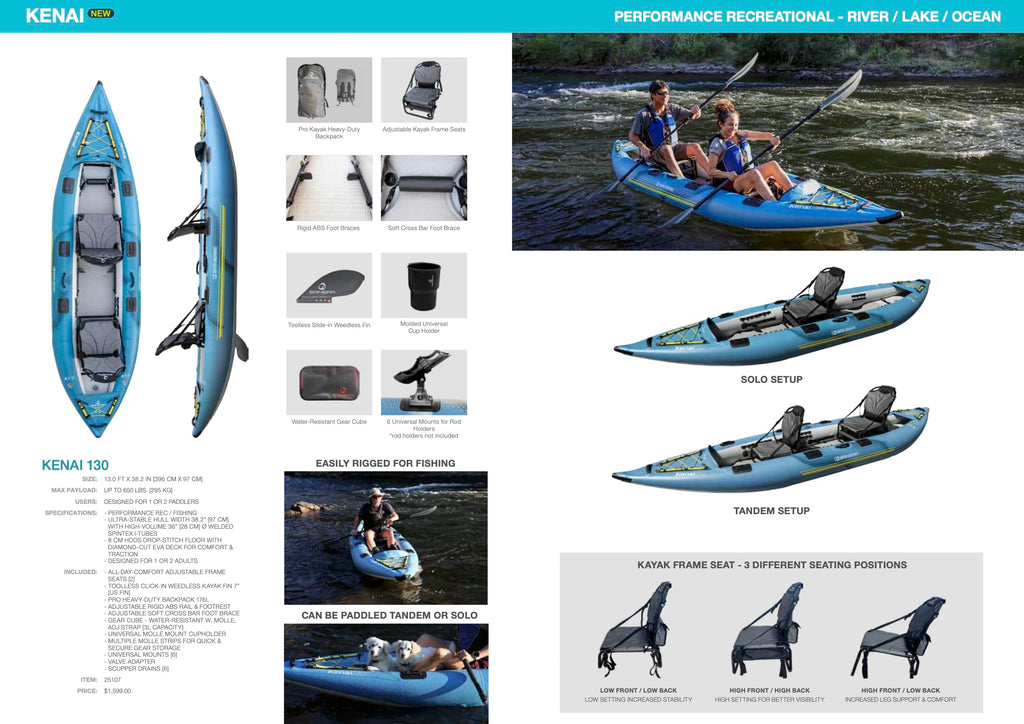 Spinera Kenai 130 Inflatable Kayak,1-2 Person 13' Rec & Fishing Kayak, Light, Durable, Stable, Rigid Welded Tubes, Drop Stitch High Pressure Floor, Pro High Back Frame Seats, Adjustable Footrest
