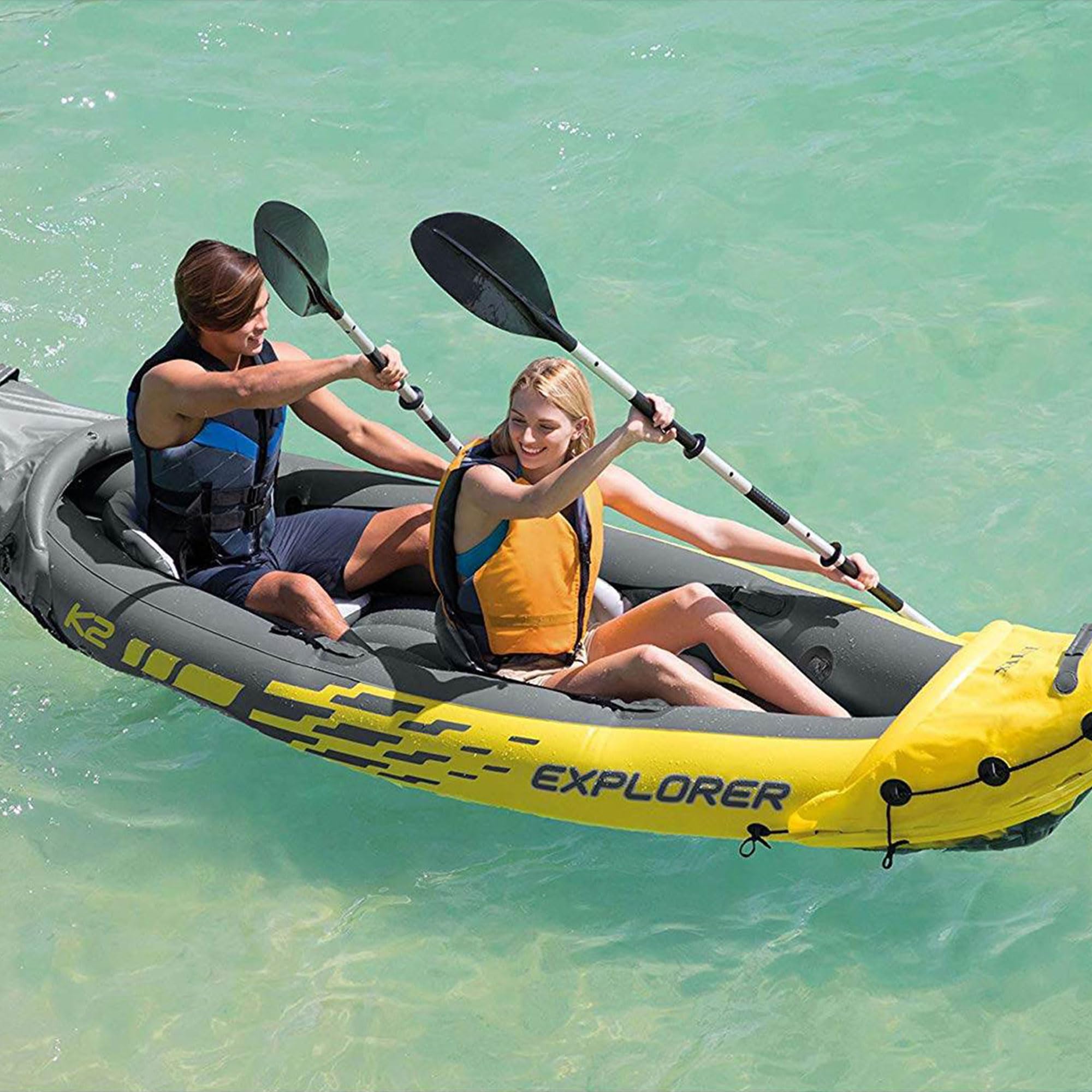 Intex 68307EP Explorer K2 Inflatable Kayak Set: Includes Deluxe 86in Aluminum Oars and High-Output Pump – SuperStrong PVC – Adjustable Seats with Backrest – 400lb Weight Capacity