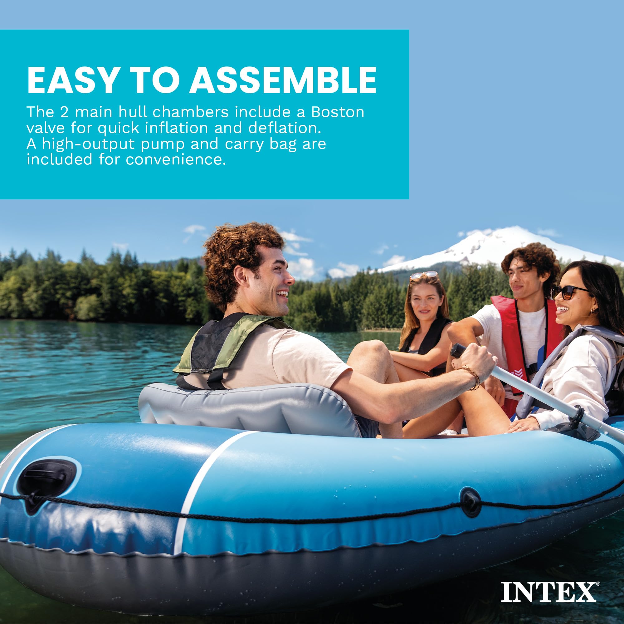 INTEX Excursion 4 Inflatable Boat Set: Includes Deluxe 54in Boat Oars and High-Output Pump Capacity