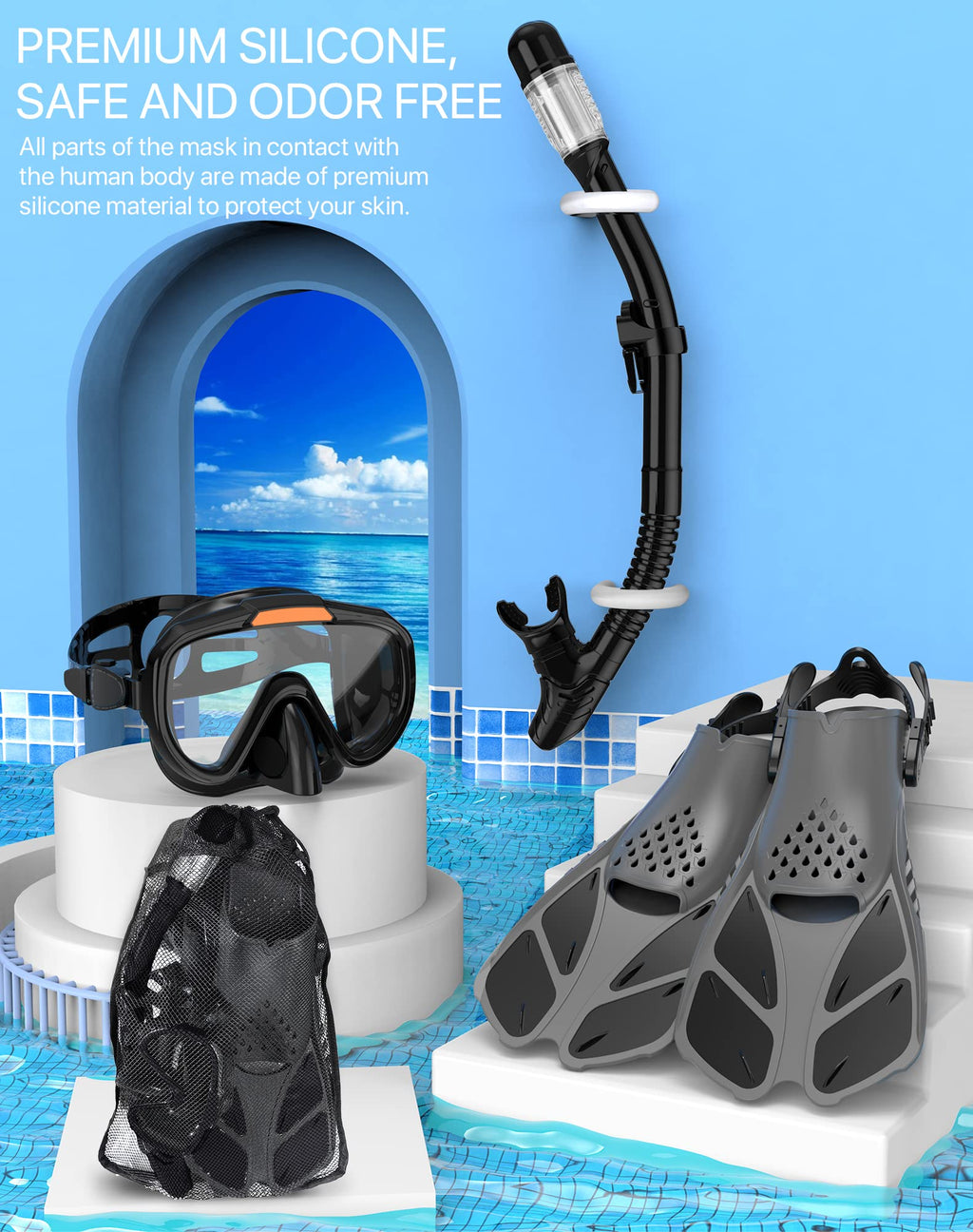 Ubekezele 4-in-1 Adult Snorkel Set with Mask & Fins