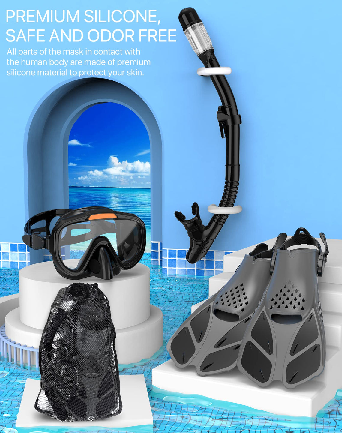 Ubekezele 4-in-1 Adult Snorkel Set with Mask & Fins