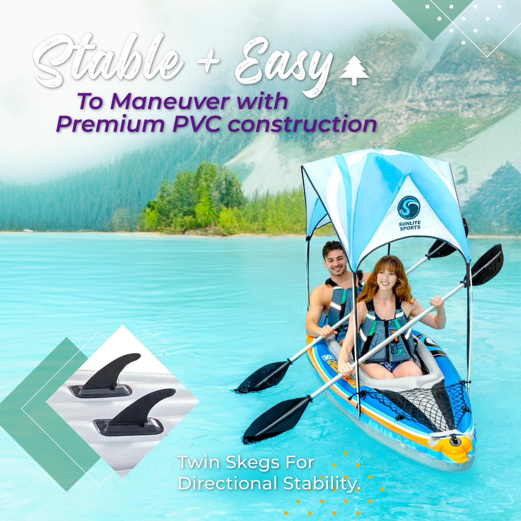 Sunlite Sports Inflatable Kayak 2 Person with Canopy, Portable Inflatable Boat with Shed & Aluminum Oars, Lightweight Tandem Kayak with Air Pump & Carry Bag for Lakes & Rivers, 400 LB