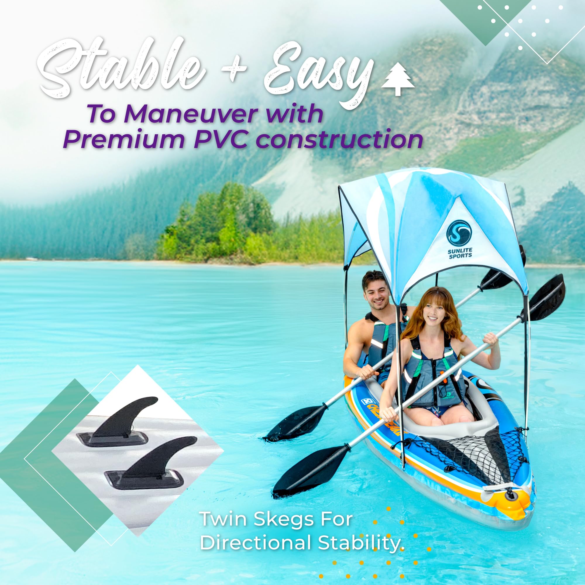 Sunlite Sports Inflatable Kayak 2 Person with Canopy, Portable Inflatable Boat with Shed & Aluminum Oars, Lightweight Tandem Kayak with Air Pump & Carry Bag for Lakes & Rivers, 400 LB