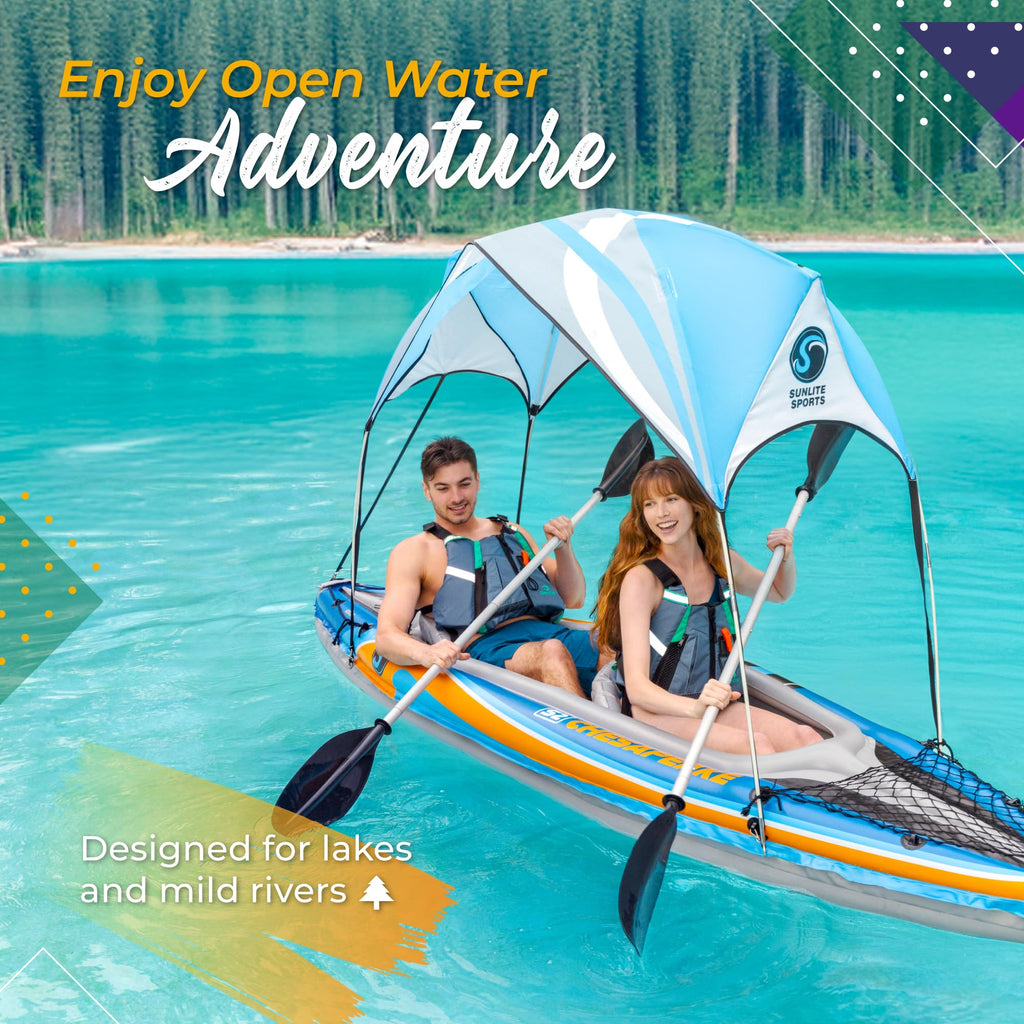 Sunlite Sports Inflatable Kayak 2 Person with Canopy, Portable Inflatable Boat with Shed & Aluminum Oars, Lightweight Tandem Kayak with Air Pump & Carry Bag for Lakes & Rivers, 400 LB