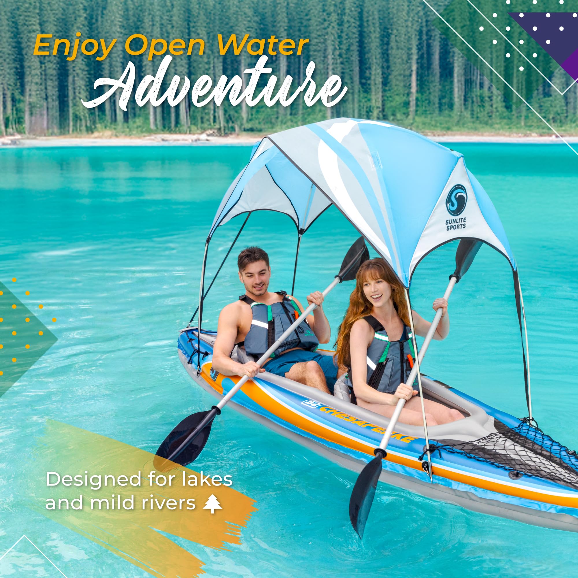 Sunlite Sports Inflatable Kayak 2 Person with Canopy, Portable Inflatable Boat with Shed & Aluminum Oars, Lightweight Tandem Kayak with Air Pump & Carry Bag for Lakes & Rivers, 400 LB