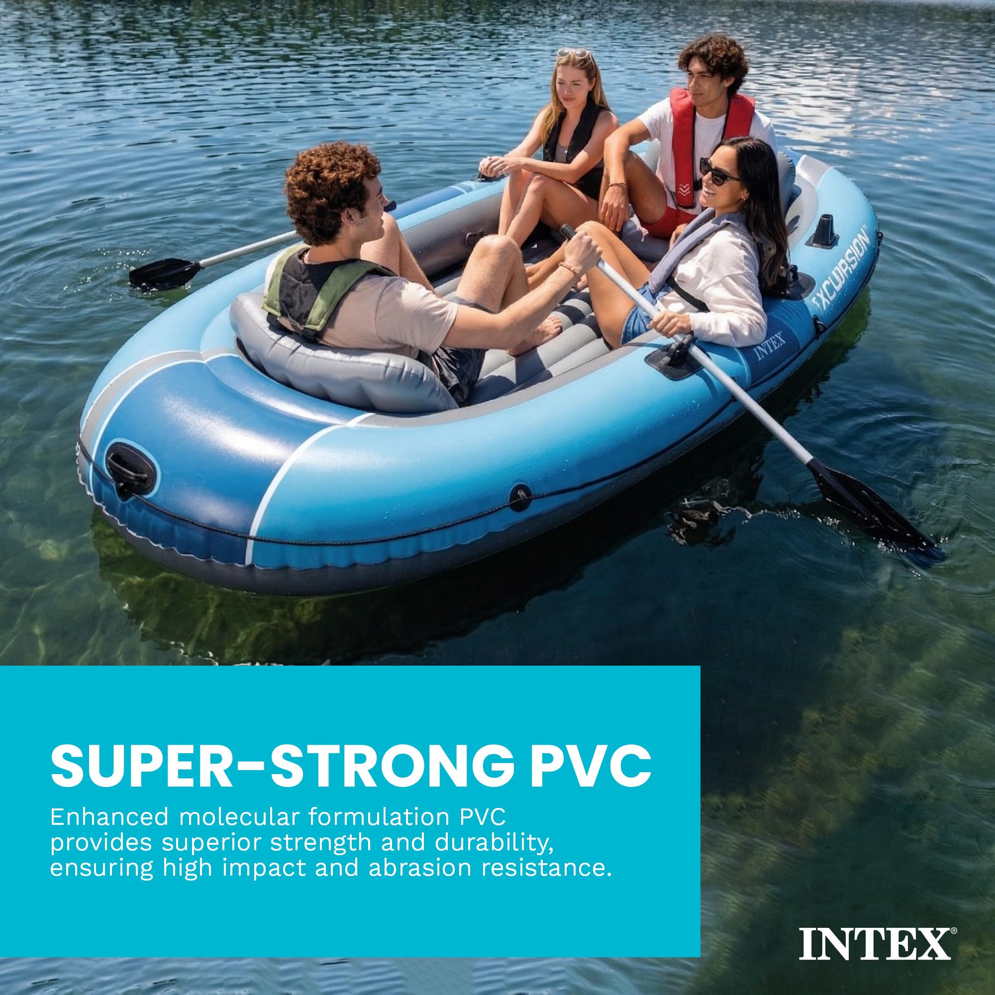 INTEX Excursion 4 Inflatable Boat Set: Includes Deluxe 54in Boat Oars and High-Output Pump Capacity