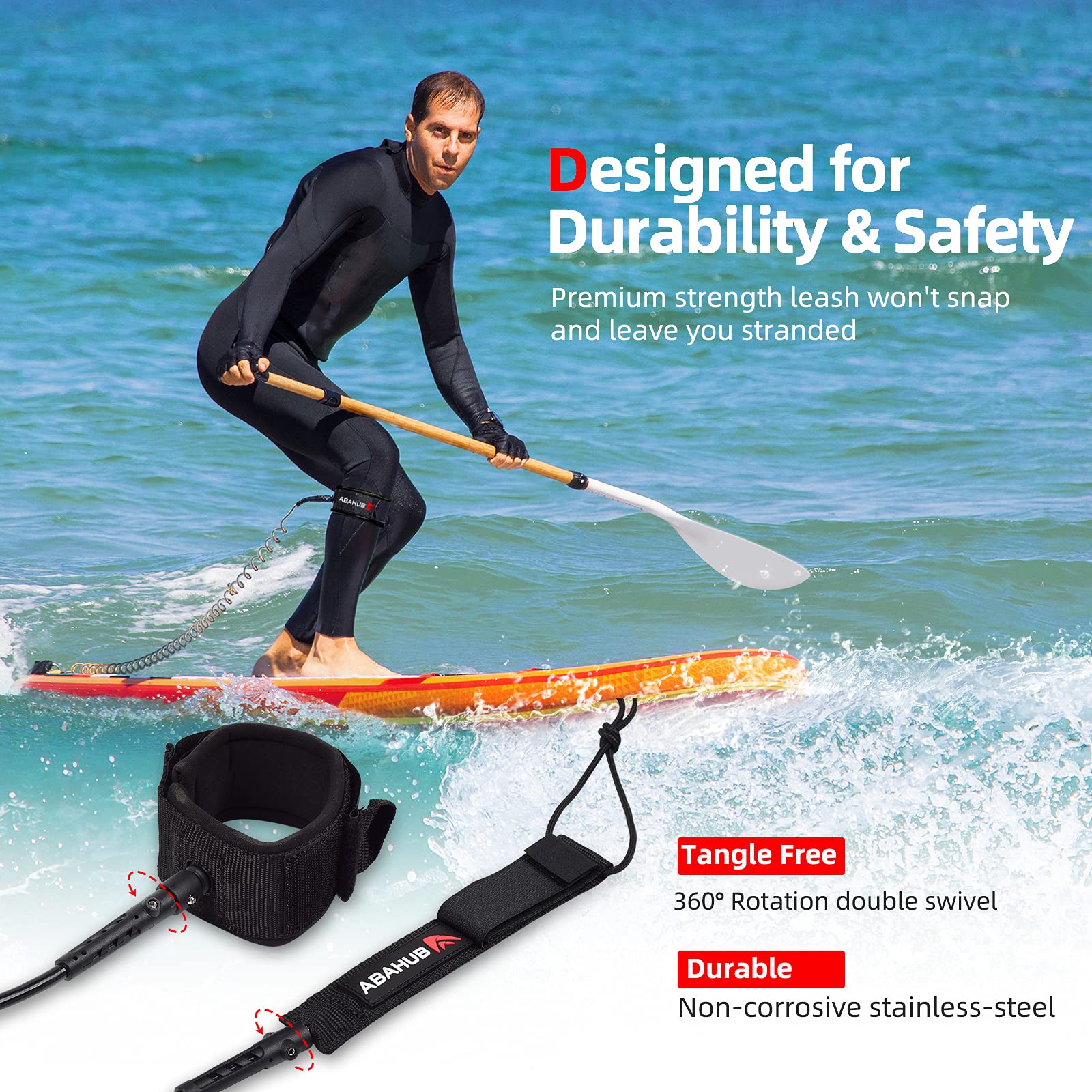 Abahub 10FT Coiled SUP Leash with 5/7MM Leg Strap