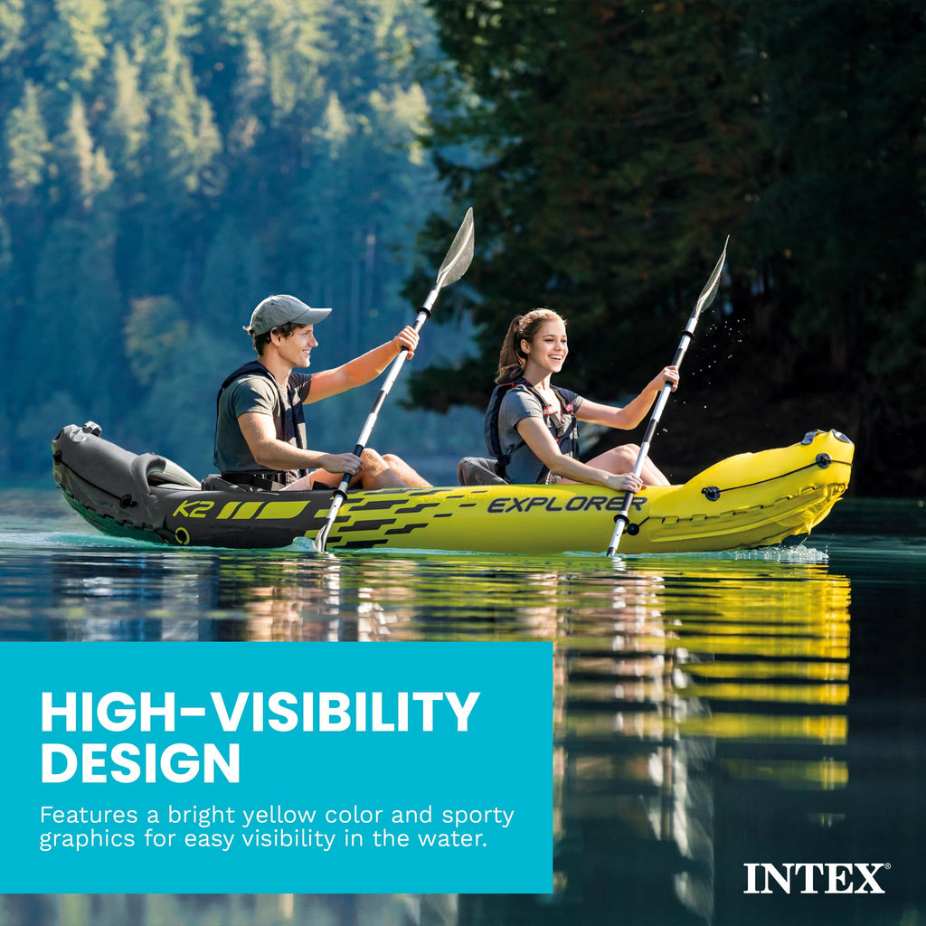 Intex 68307EP Explorer K2 Inflatable Kayak Set: Includes Deluxe 86in Aluminum Oars and High-Output Pump – SuperStrong PVC – Adjustable Seats with Backrest – 400lb Weight Capacity