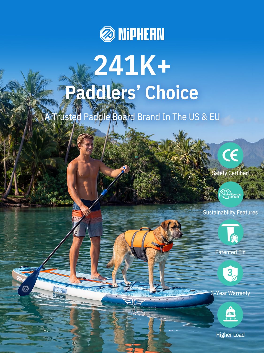 Niphean (Extra Large) Inflatable Paddle Board, SUP for 2+1 People/Family 500lbs Capacity Stand Up Paddle Board with SUP Accessories, StabilTrac Fin Non-Slip Paddleboard for Adults