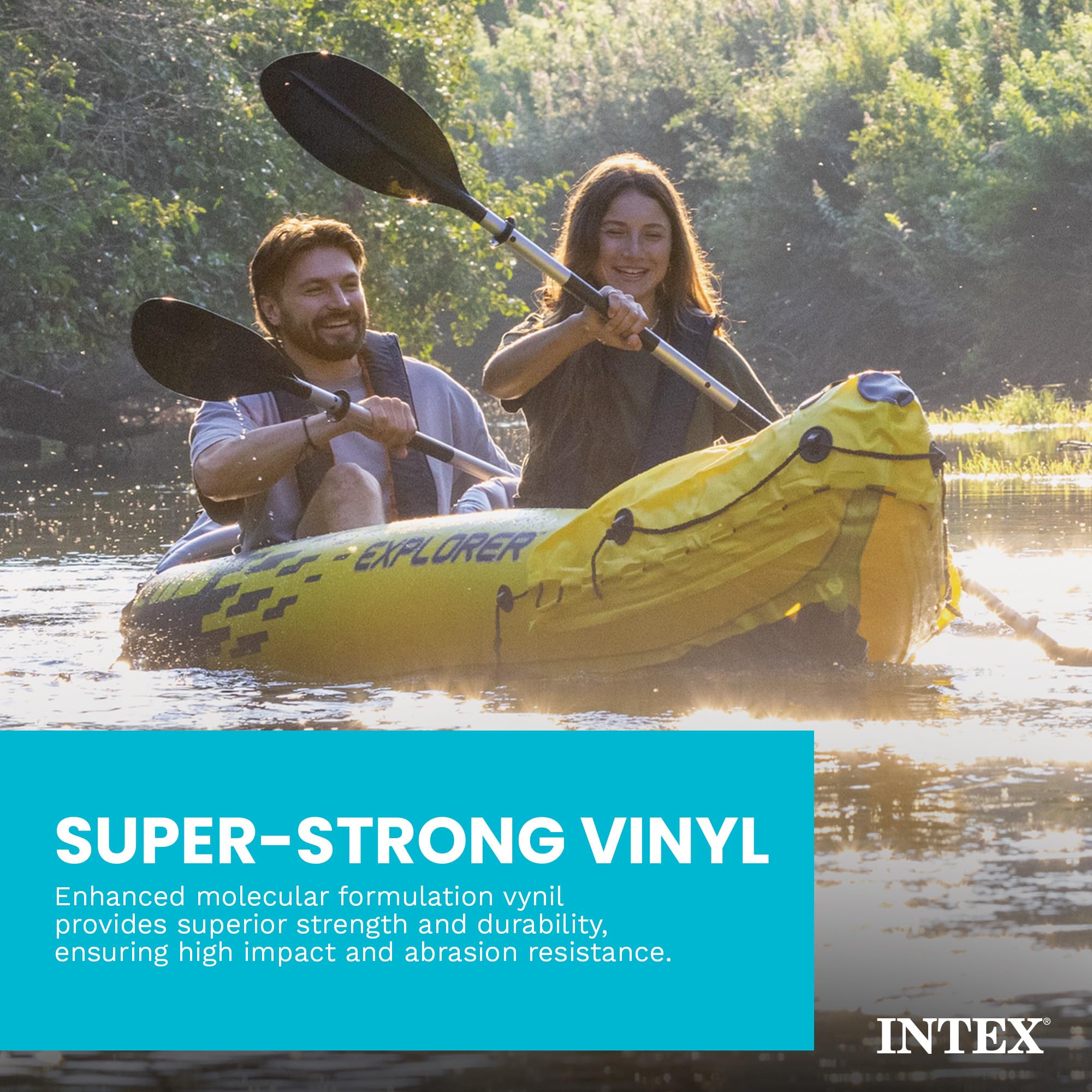 Intex 68307EP Explorer K2 Inflatable Kayak Set: Includes Deluxe 86in Aluminum Oars and High-Output Pump – SuperStrong PVC – Adjustable Seats with Backrest – 400lb Weight Capacity