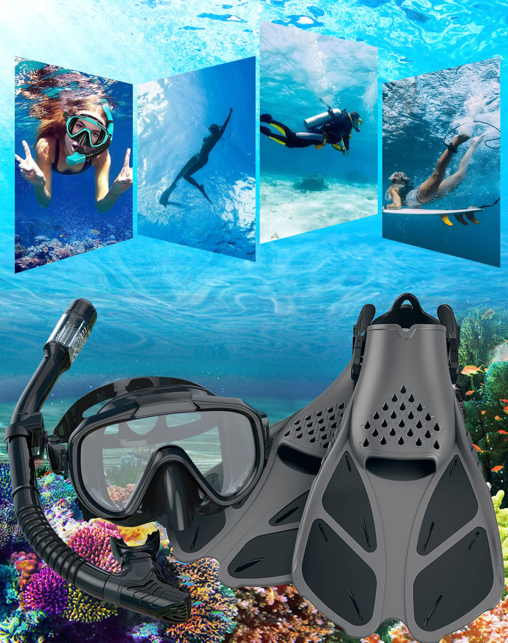 Ubekezele 4-in-1 Adult Snorkel Set with Mask & Fins