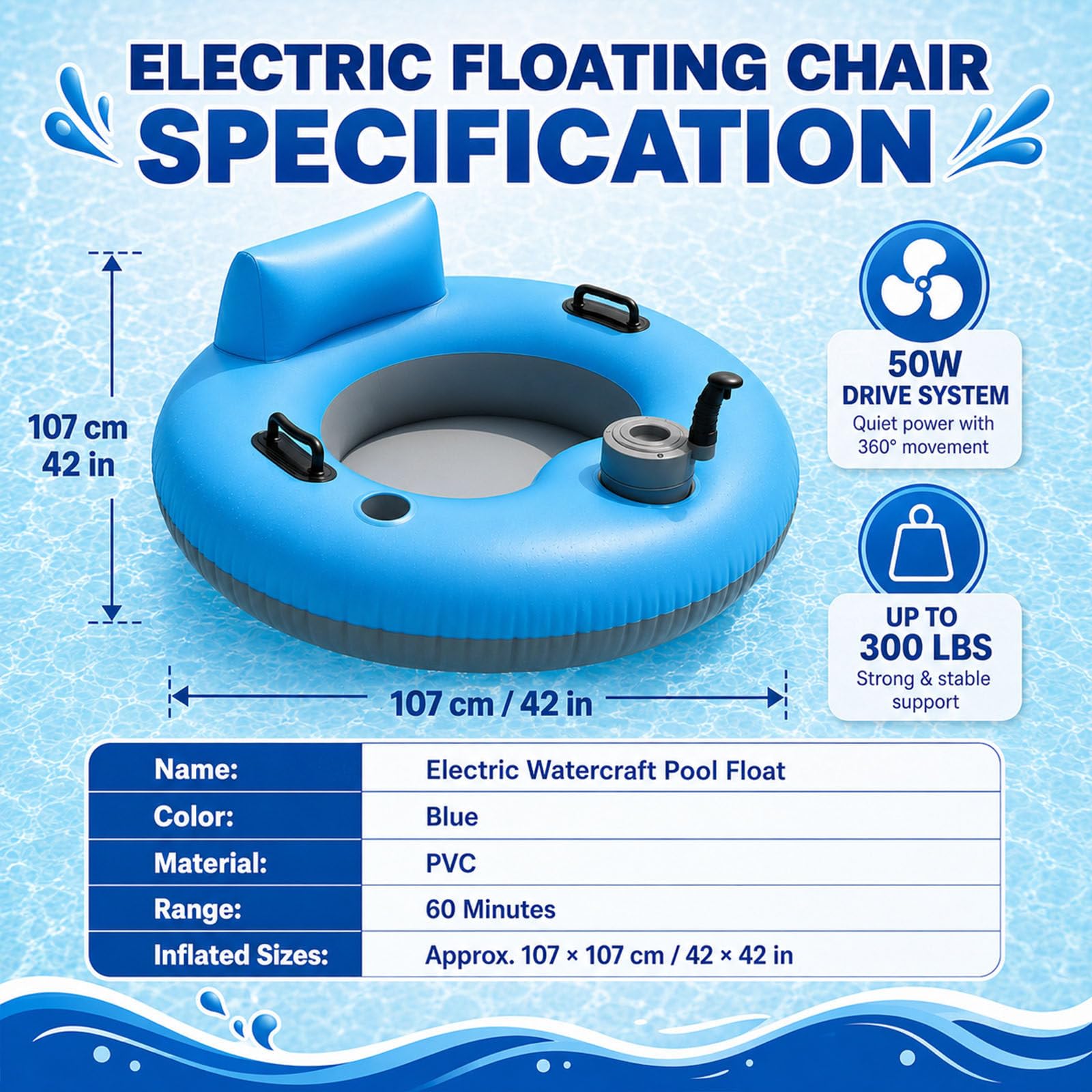 50W Electric Motorized Pool Lounger with Cup Holder
