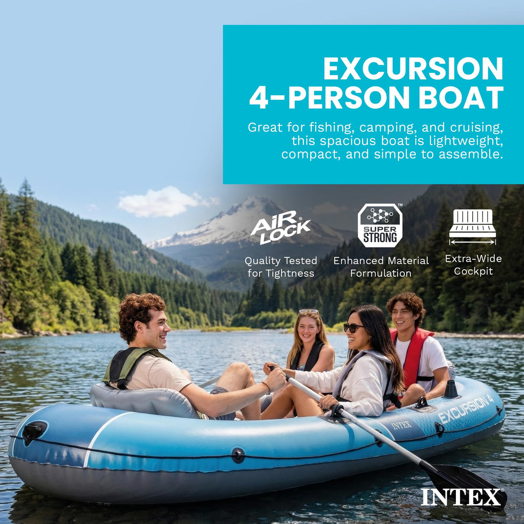 INTEX Excursion 4 Inflatable Boat Set: Includes Deluxe 54in Boat Oars and High-Output Pump Capacity
