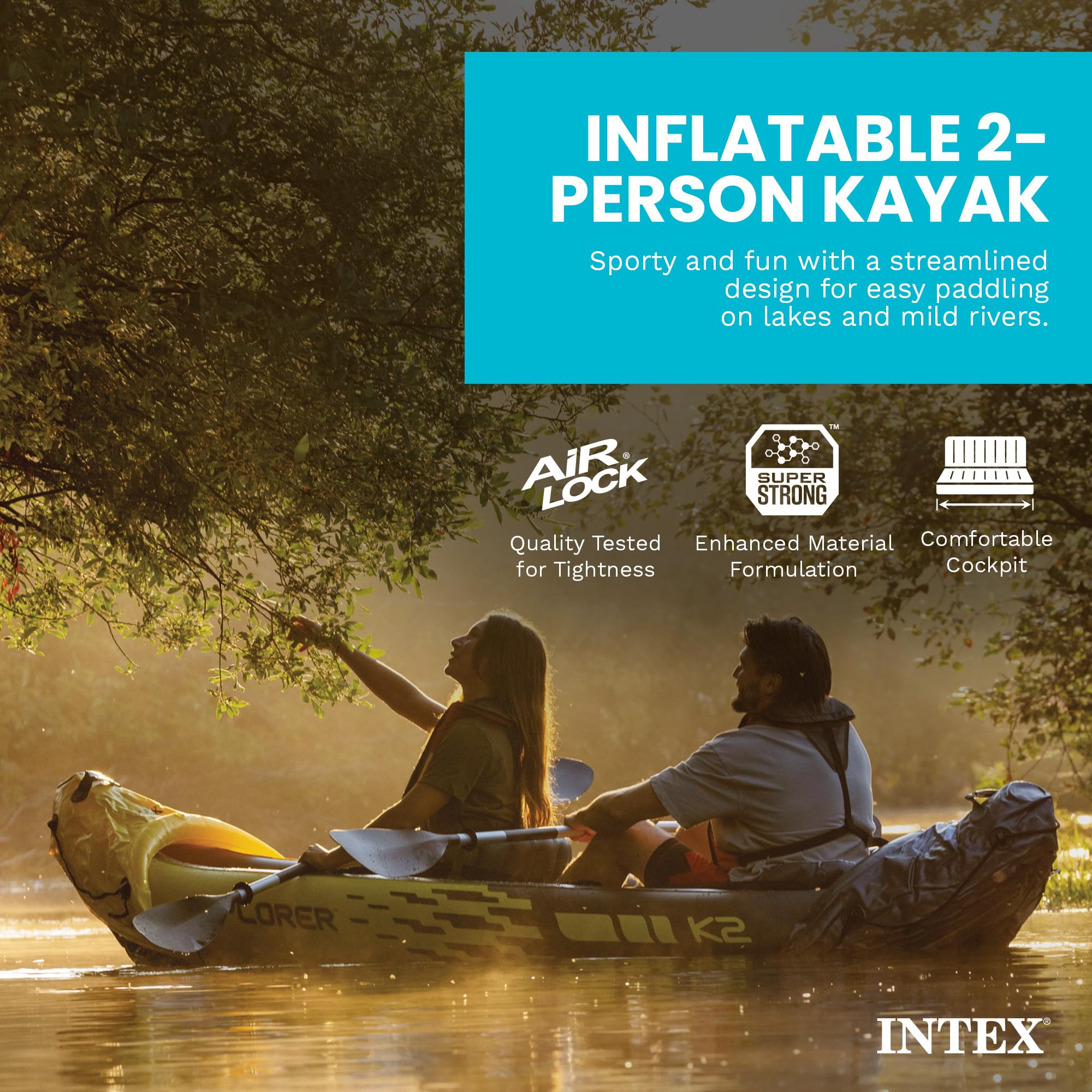 Intex 68307EP Explorer K2 Inflatable Kayak Set: Includes Deluxe 86in Aluminum Oars and High-Output Pump – SuperStrong PVC – Adjustable Seats with Backrest – 400lb Weight Capacity