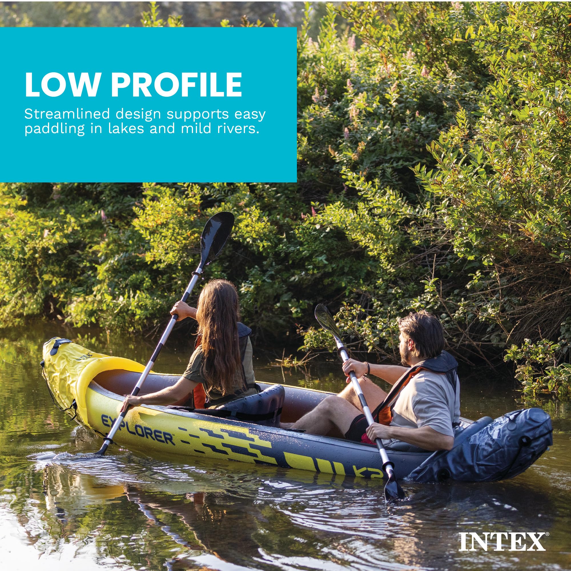 Intex 68307EP Explorer K2 Inflatable Kayak Set: Includes Deluxe 86in Aluminum Oars and High-Output Pump – SuperStrong PVC – Adjustable Seats with Backrest – 400lb Weight Capacity