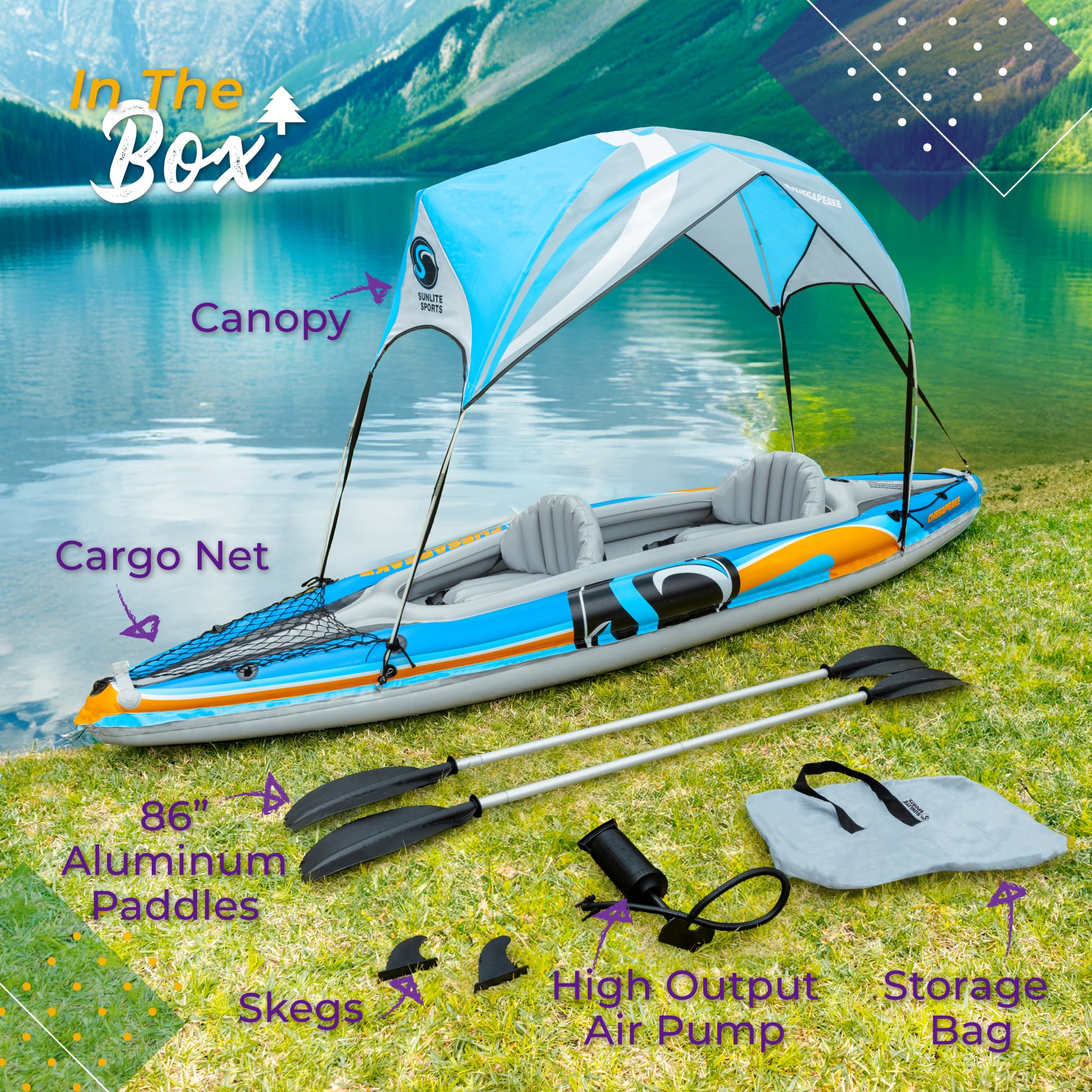 Sunlite Sports Inflatable Kayak 2 Person with Canopy, Portable Inflatable Boat with Shed & Aluminum Oars, Lightweight Tandem Kayak with Air Pump & Carry Bag for Lakes & Rivers, 400 LB