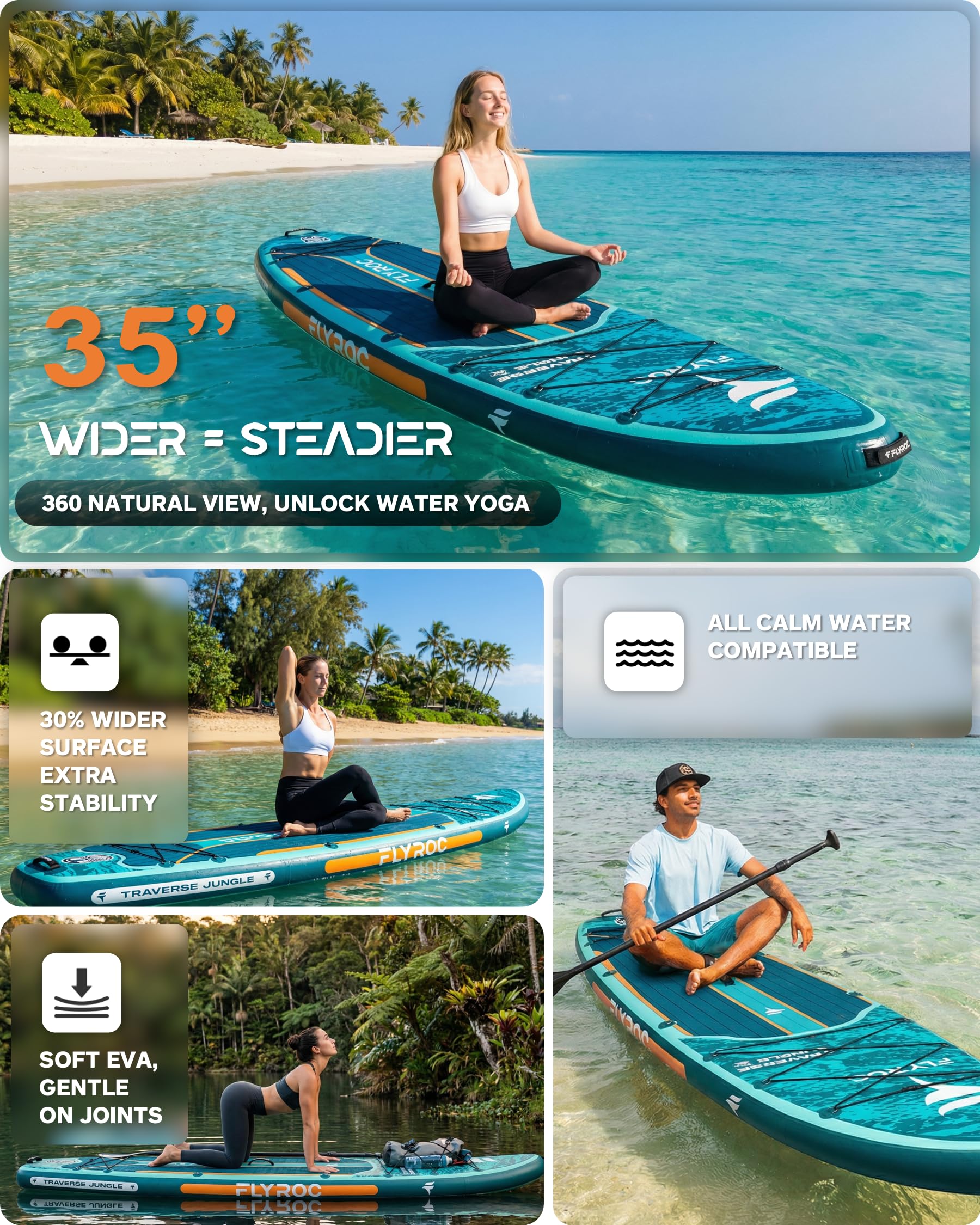 11'6/11’x35 Extra Wide Inflatable Paddle Board, 450/430lb Capacity Stand Up Paddle Board for Adults (x3), Stable Inflatable SUP, All Skill Levels, 3/5 Handles, 100L Backpack, 3PCS Paddle, 5L Dry Bag